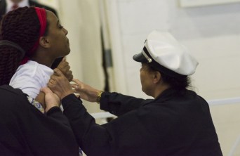 protester lead out of rally